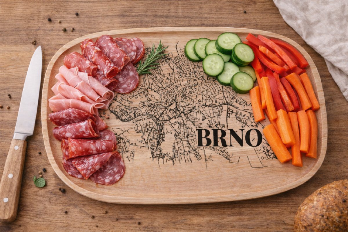 Dřevěný podnos z bukového masivu  - Motiv Mapy Měst — Brno