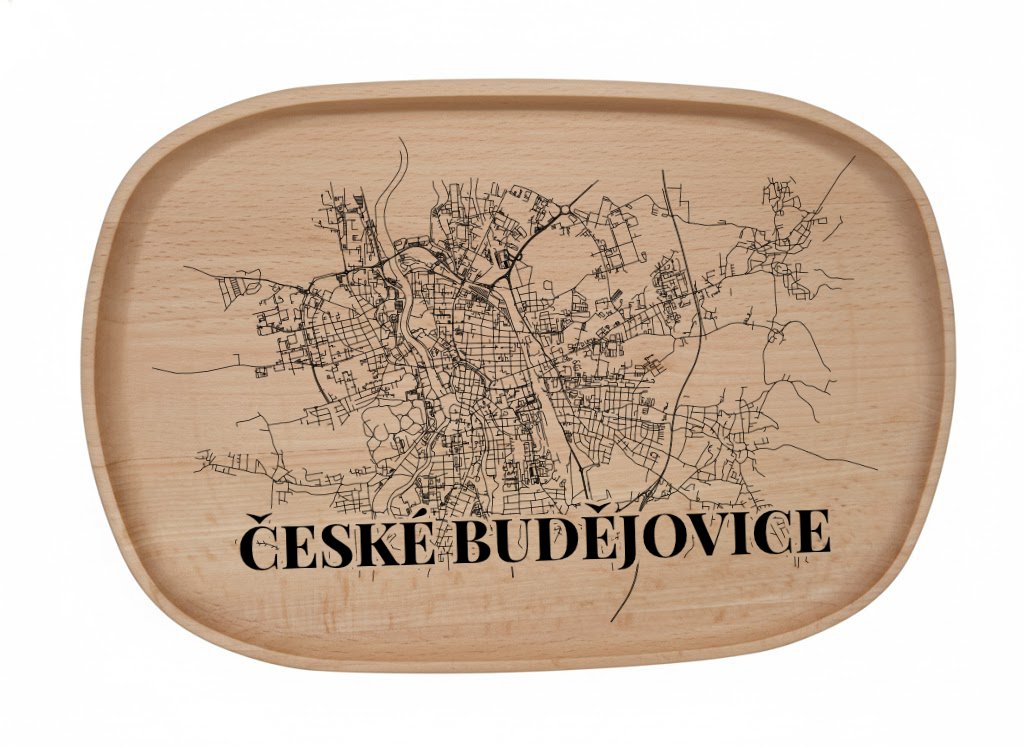 Dřevěný podnos z bukového masivu  - Motiv Mapy Měst — České Budějovice