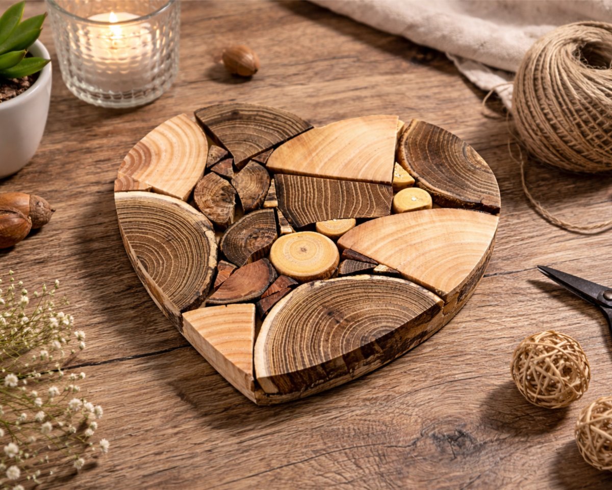 Dřevěná designová podložka "HEART MOSAIC" – Ručně skládané masivní srdce