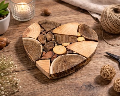 Dřevěná designová podložka "HEART MOSAIC" – Ručně skládané masivní srdce