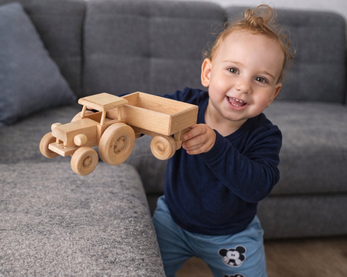 Masivní dřevěný traktor s vlečkou