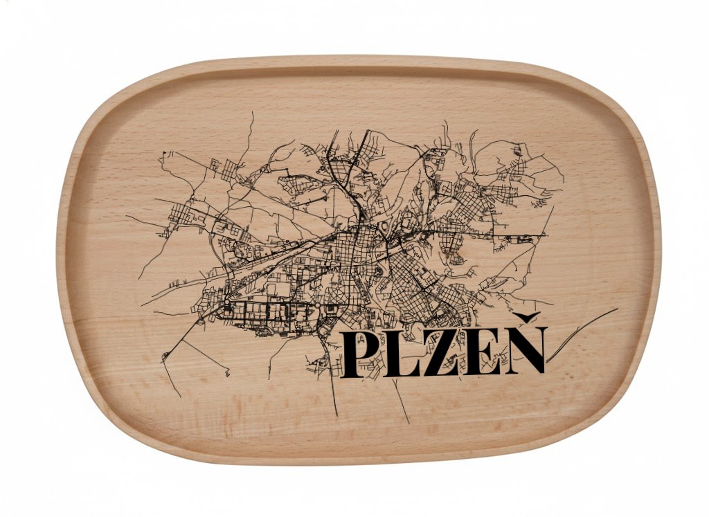 Dřevěný podnos z bukového masivu  - Motiv Mapy Měst — Plzeň