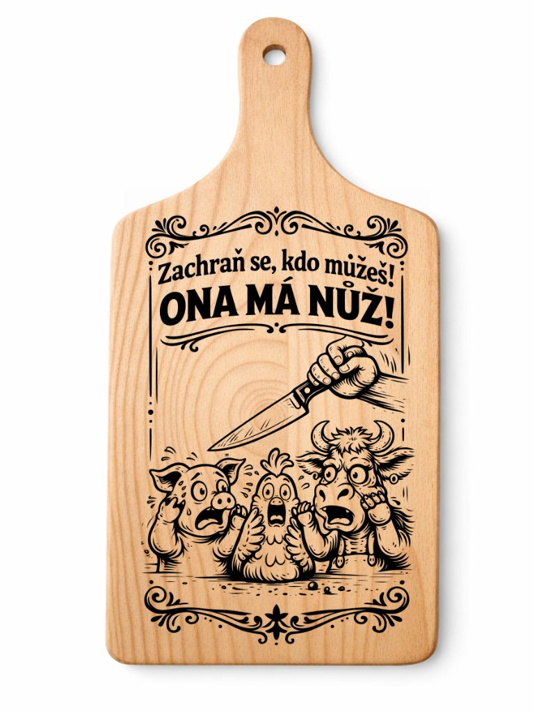 Dřevěné prkénko s vtipným gravírováním — Ona má nůž