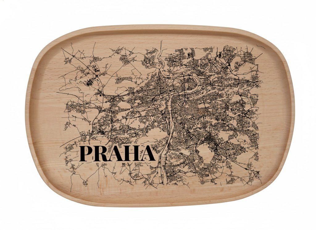 Dřevěný podnos z bukového masivu  - Motiv Mapy Měst — Praha
