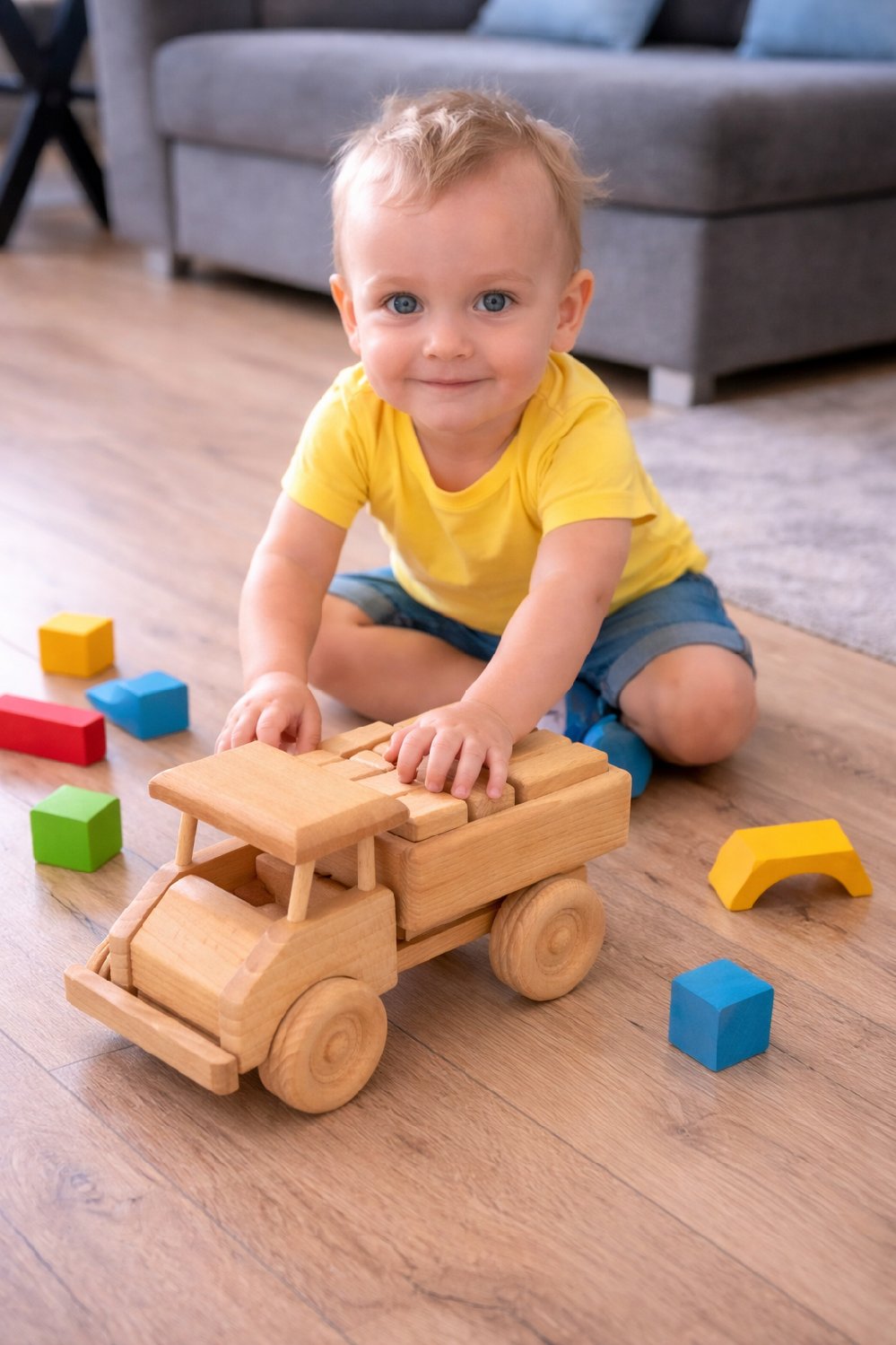 Masivní dřevěné auto s kostkami Premium