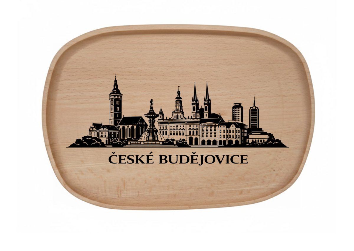Dřevěný podnos z bukového masivu  - Motiv Města — České Budějovice
