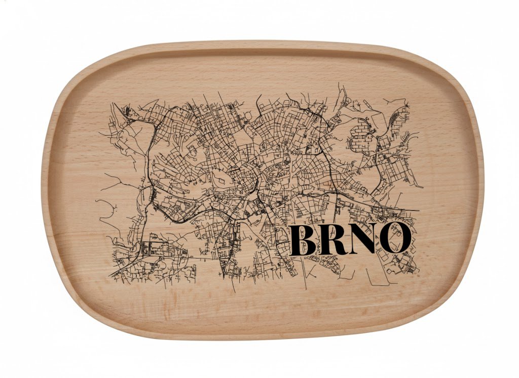 Dřevěný podnos z bukového masivu  - Motiv Mapy Měst — Brno