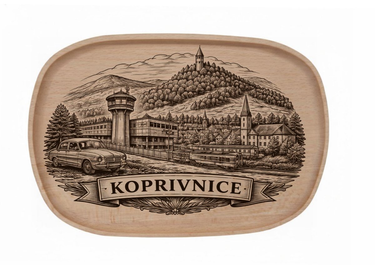 Dřevěný podnos z bukového masivu  - Motiv Města — Kopřivnice