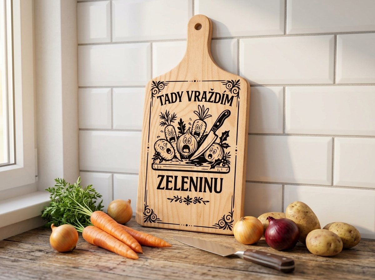 Dřevěné prkénko s vtipným gravírováním — Vraždím zeleninu